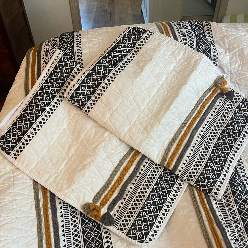 Boho White and Black Quilt Set with gold and green accents